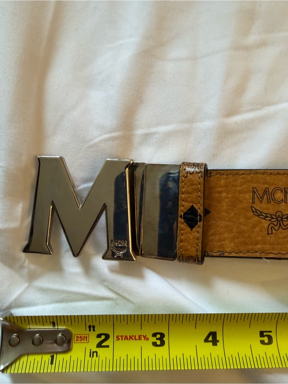 MCM men’s Cognac Logo Leather Belt with Silver M Buckle